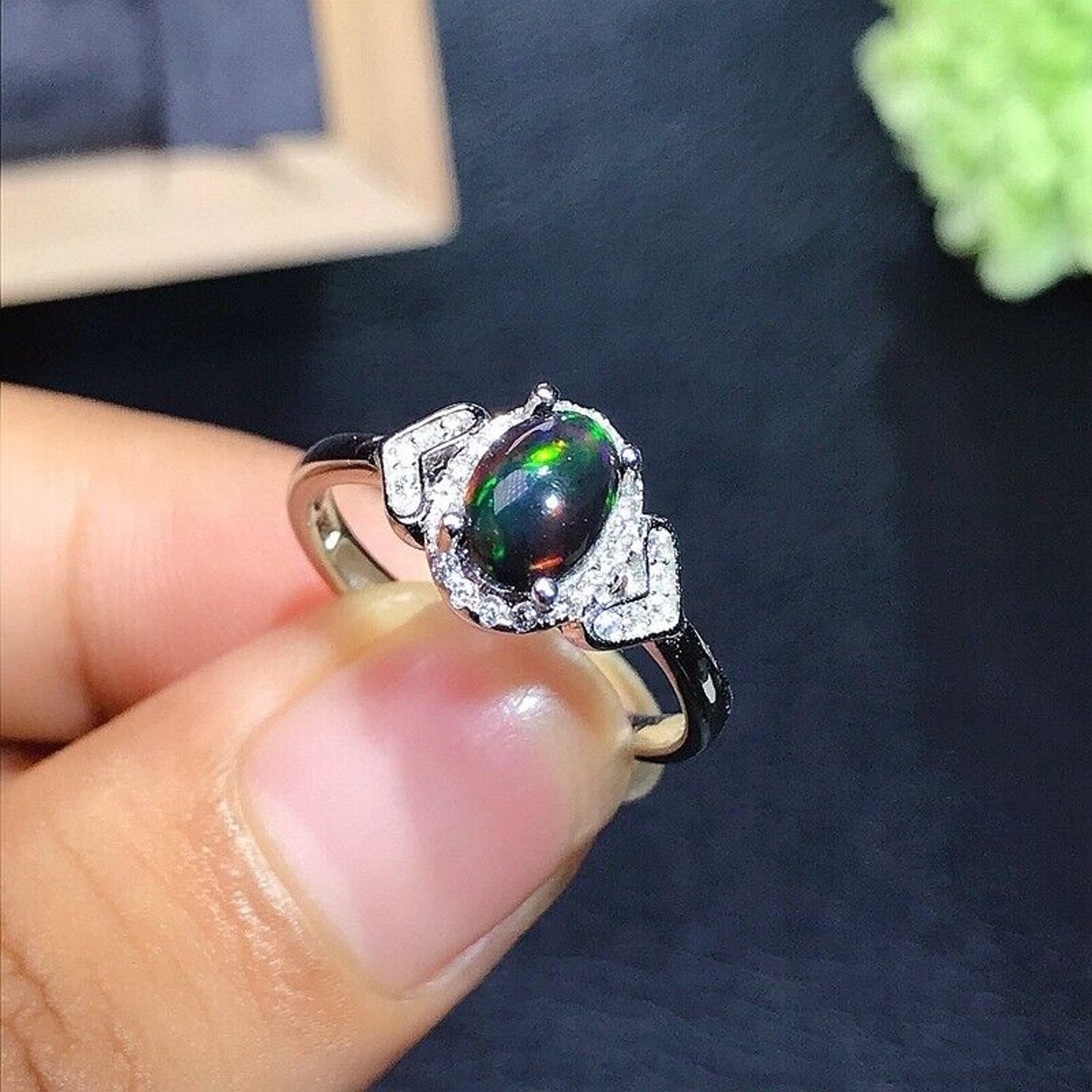 Black Fire Opal Cocktail Ring 5x7mm Sterling Silver