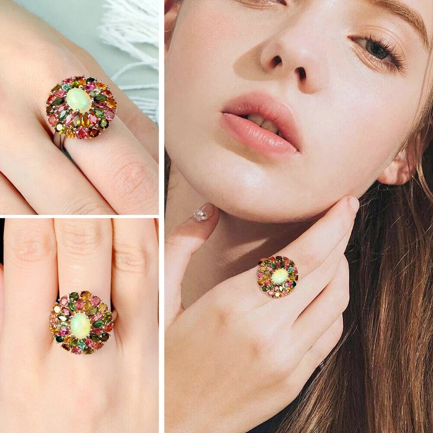 Tourmaline and Opal Cluster Statement Ring 925 Sterling Silver