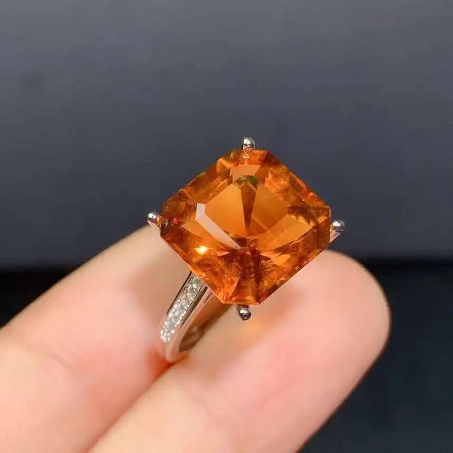 Asscher Cut Citrine Gemstone Ring, 12mm Sterling Silver