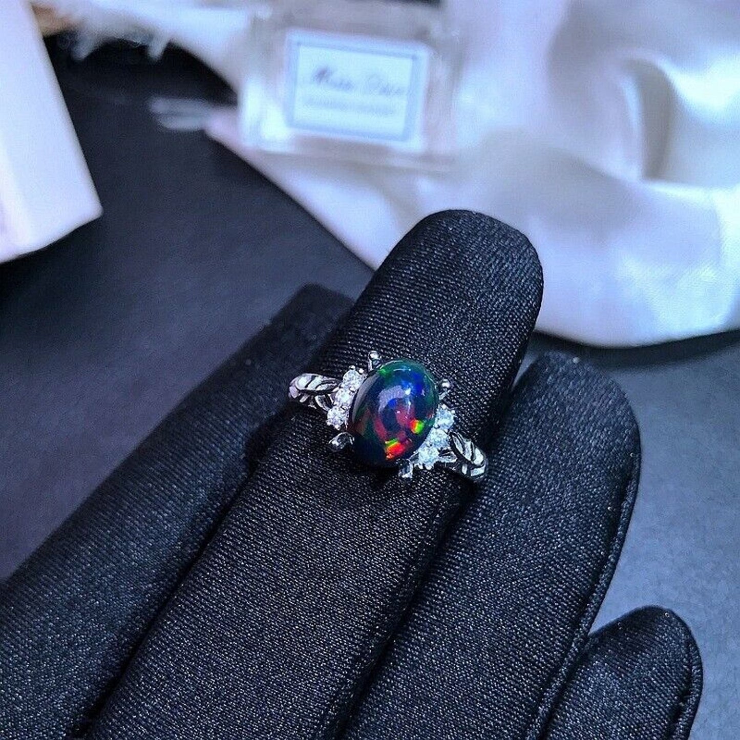 Dainty Black Opal Ring 6x8mm Platinum Plated