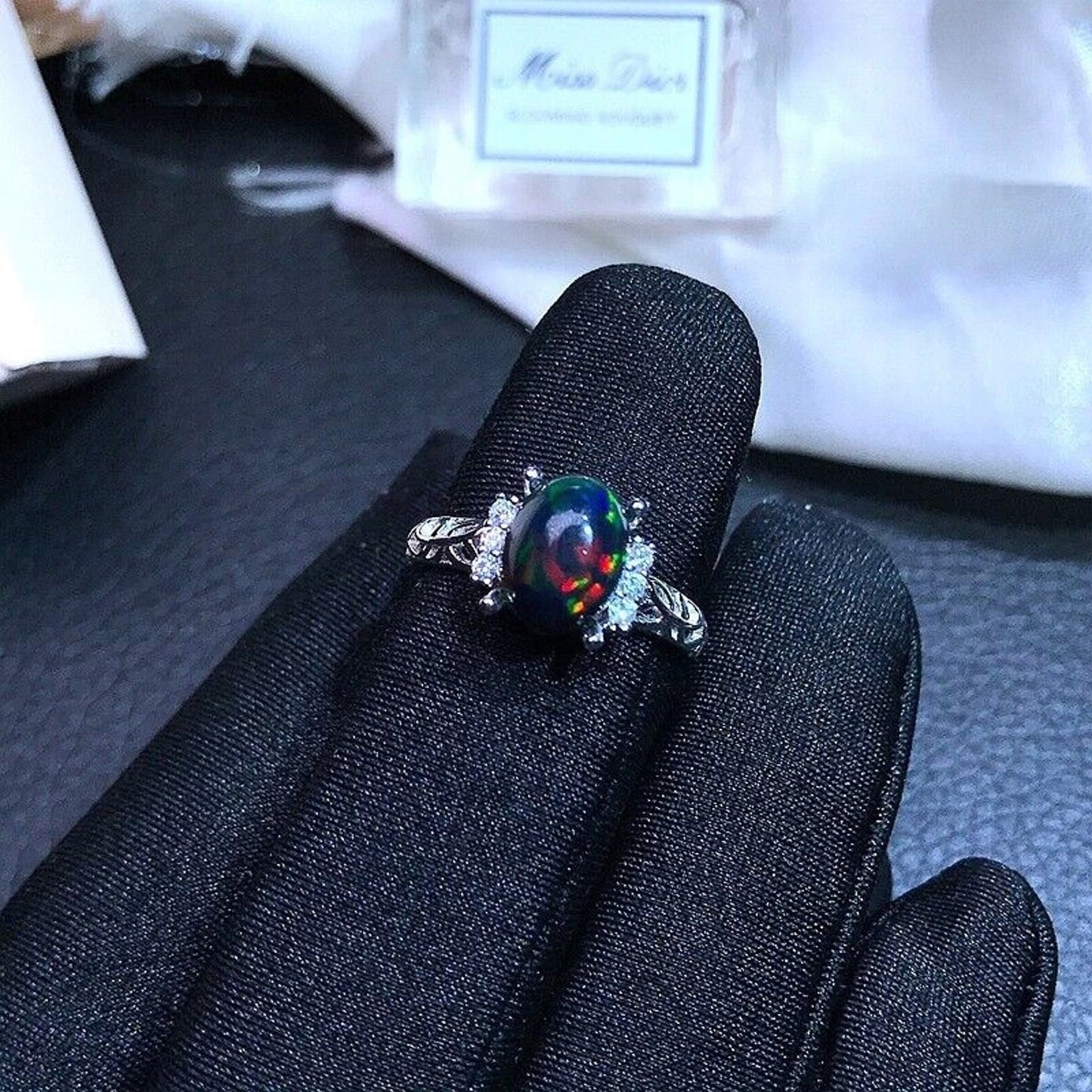 Dainty Black Opal Ring 6x8mm Platinum Plated