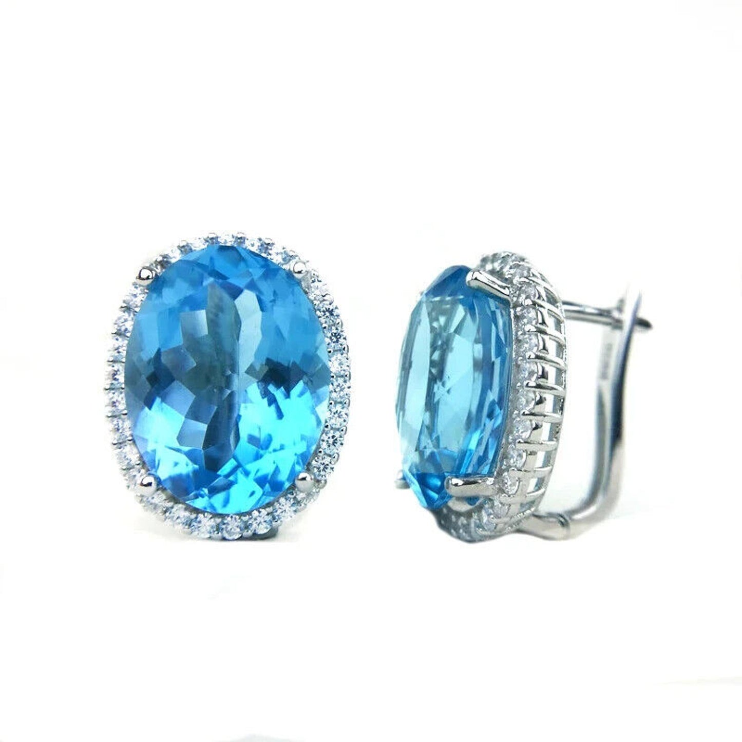 Swiss Blue Topaz Oval Cut Earrings 12x16mm, 23ct Blue Topaz 925 Sterling Silver
