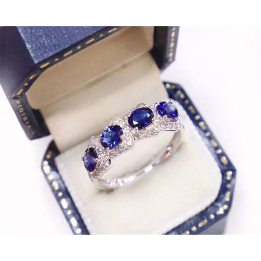 Natural Blue Sapphire Band Ring, Women's Sapphire Wedding Band, Genuine Sapphire Ring