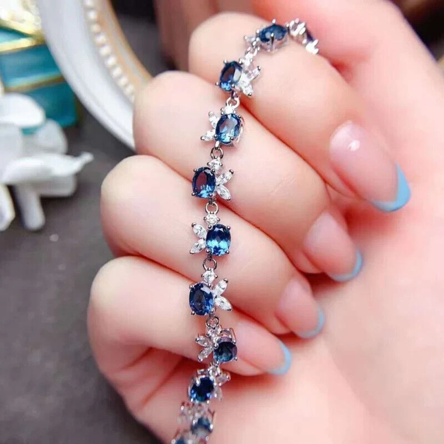 Dainty London Blue Topaz Flower Tennis Bracelet 4x5mm