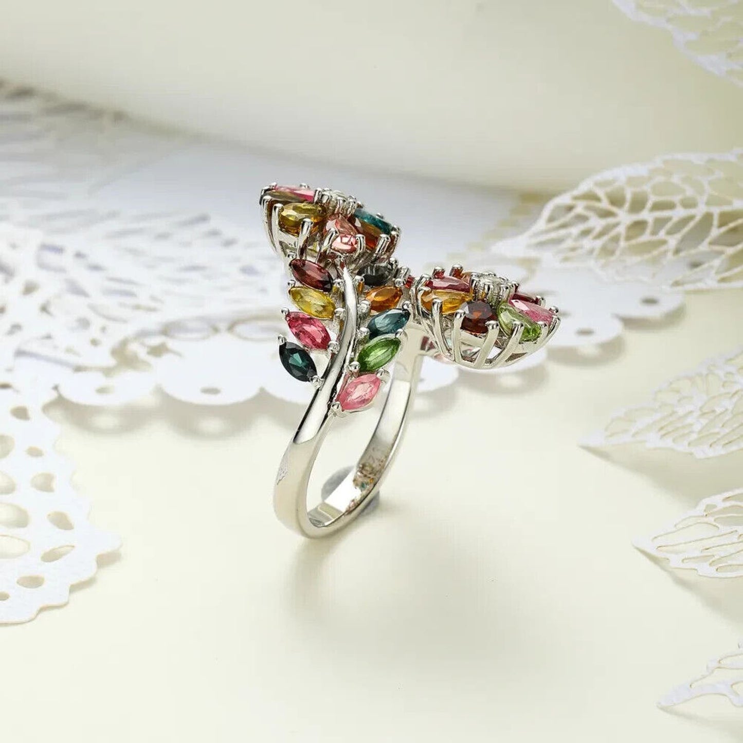 Tourmaline Gemstone Flower Ring 925 Sterling Silver