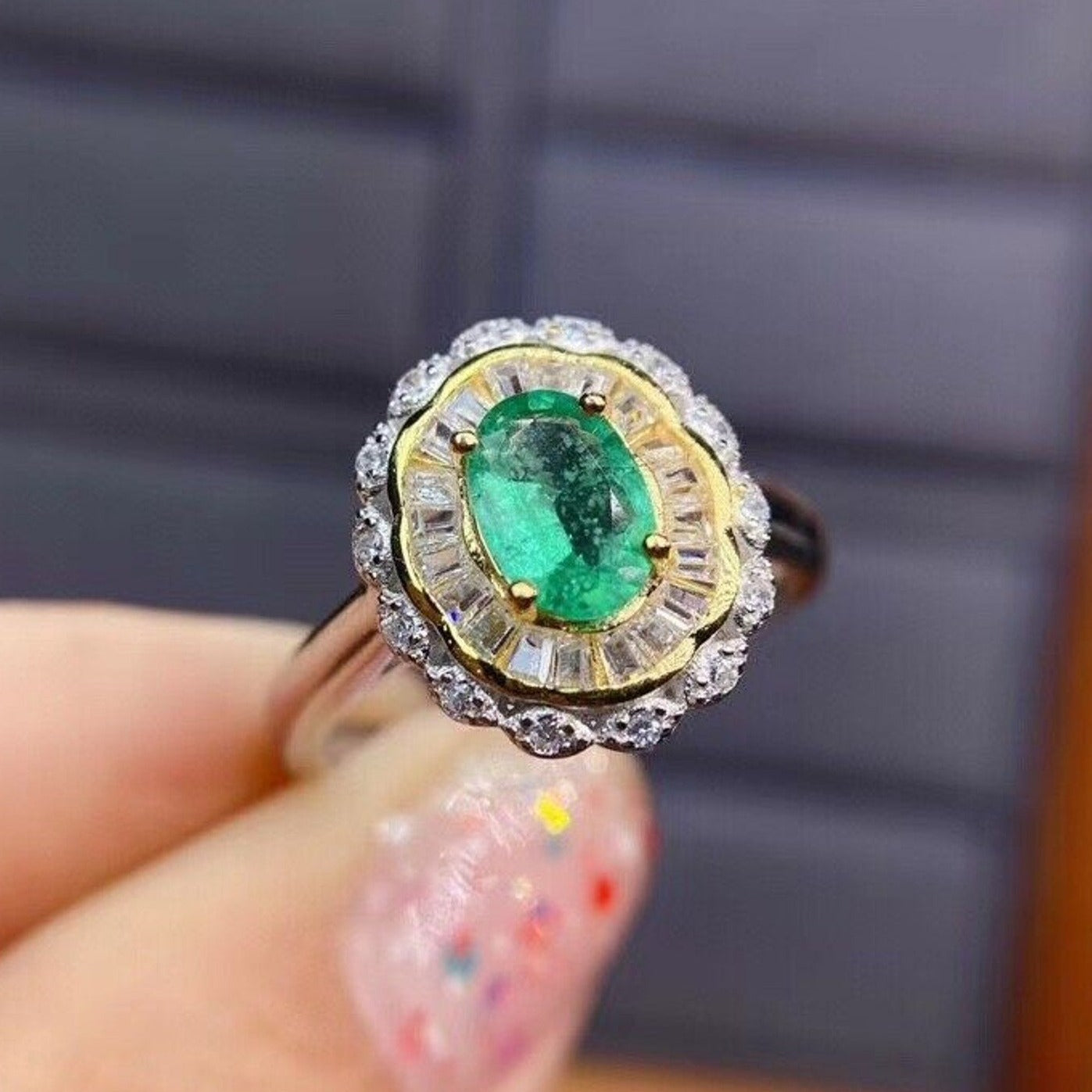 Colombian Emerald Two Tone Cocktail Ring 5x7mm