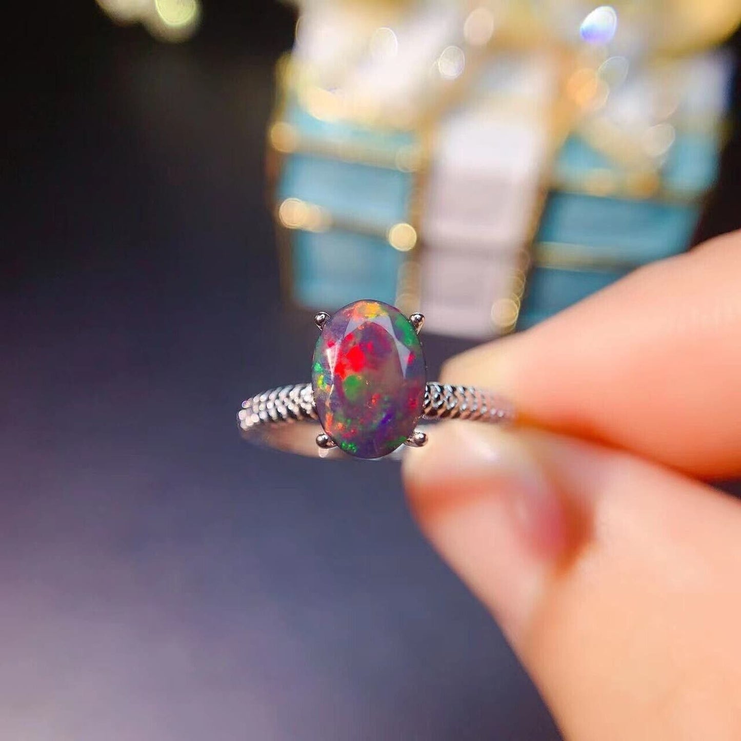 Colorful Black Opal Cocktail Ring 6x8m Sterling Silver