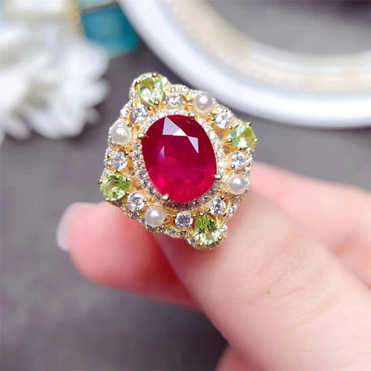 Ruby and Peridot Vintage Ring, Women's Vintage Ruby Ruby Ring, Sterling Silver