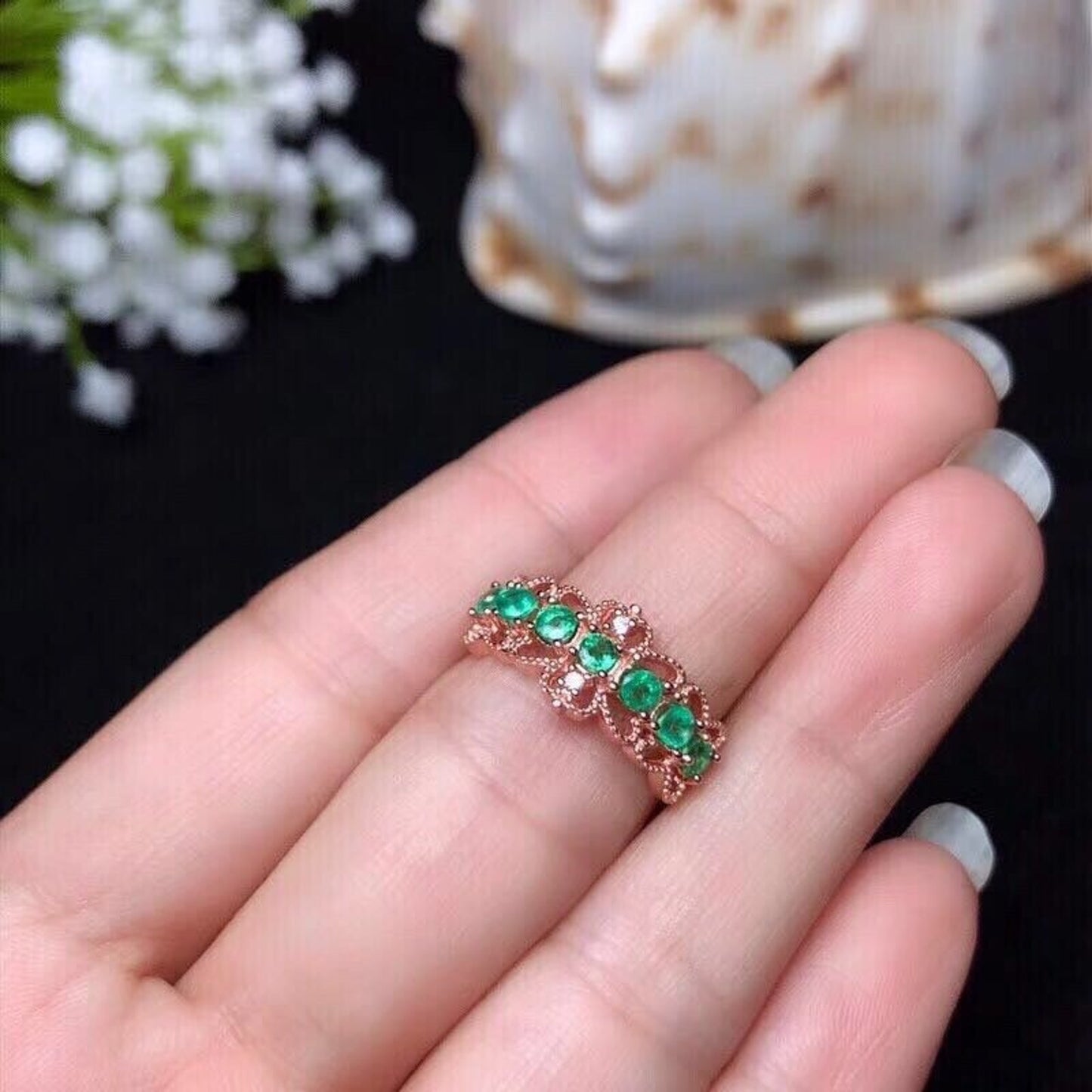 Colombian Emerald Lace Band Ring 3mm Sterling Silver