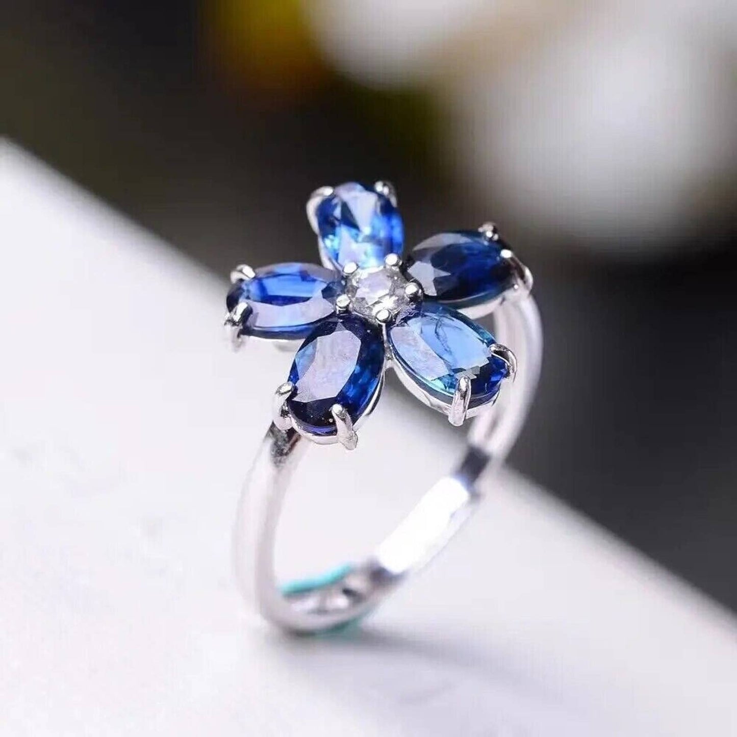 Women's Blue Sapphire Gemstone Ring, Blue Sapphire Engagement Ring, Blue Sapphire Flower Ring
