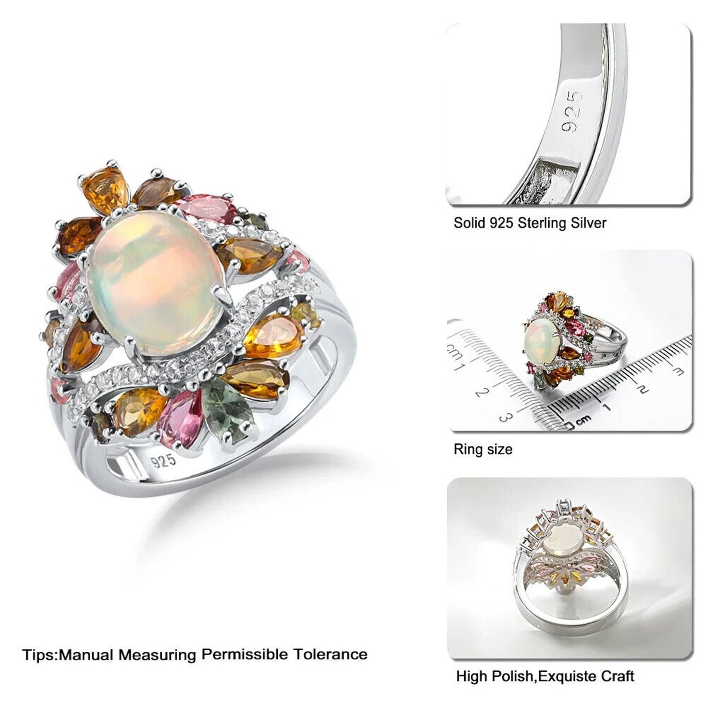 Fire Opal and Tourmaline Cluster Statement Ring