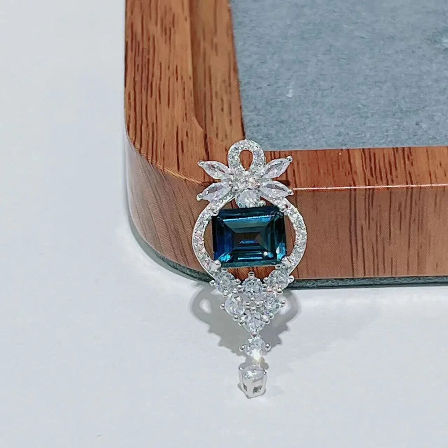 London Blue Topaz Emerald Cut Pendant Necklace 7x9mm