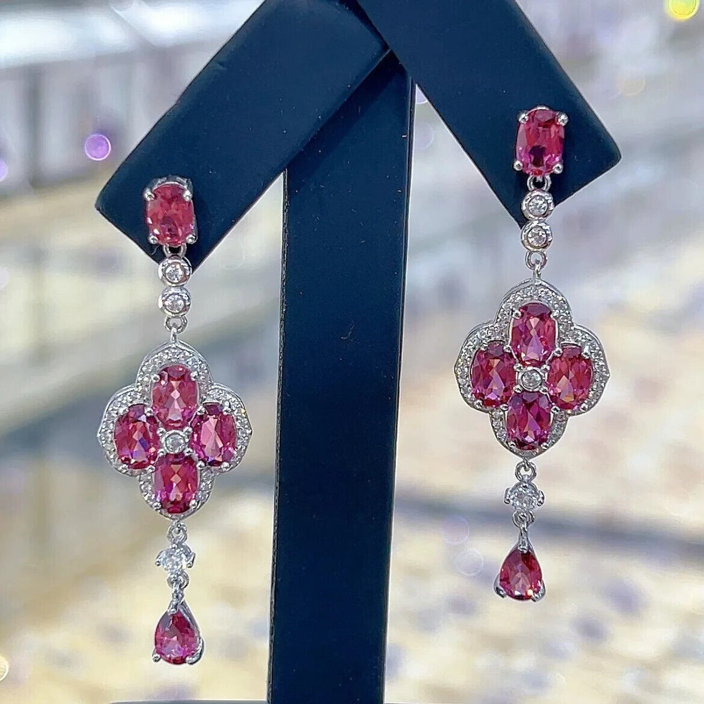 Pink Garnet Gemstone Dangle Earrings, Long Gemstone Dangle Earrings Platinum