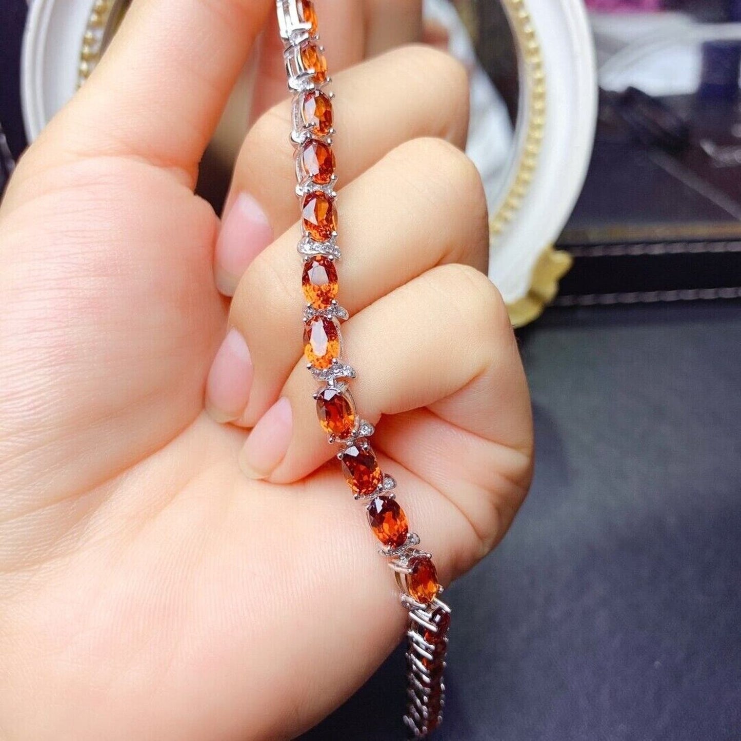 Orange Garnet Oval Cut Tennis Bracelet 4x6mm Platinum Plated