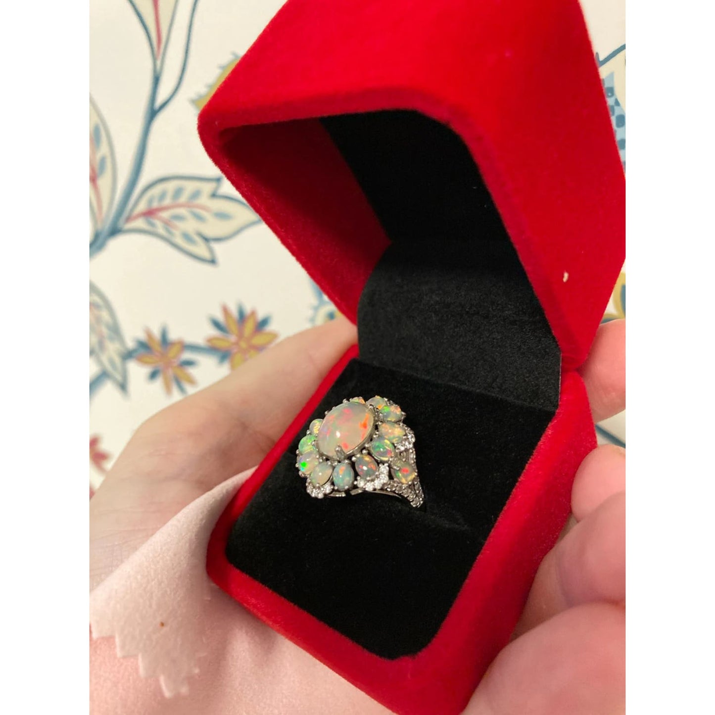 Fire Opal Flower Cluster Statement Ring 925 Sterling Silver