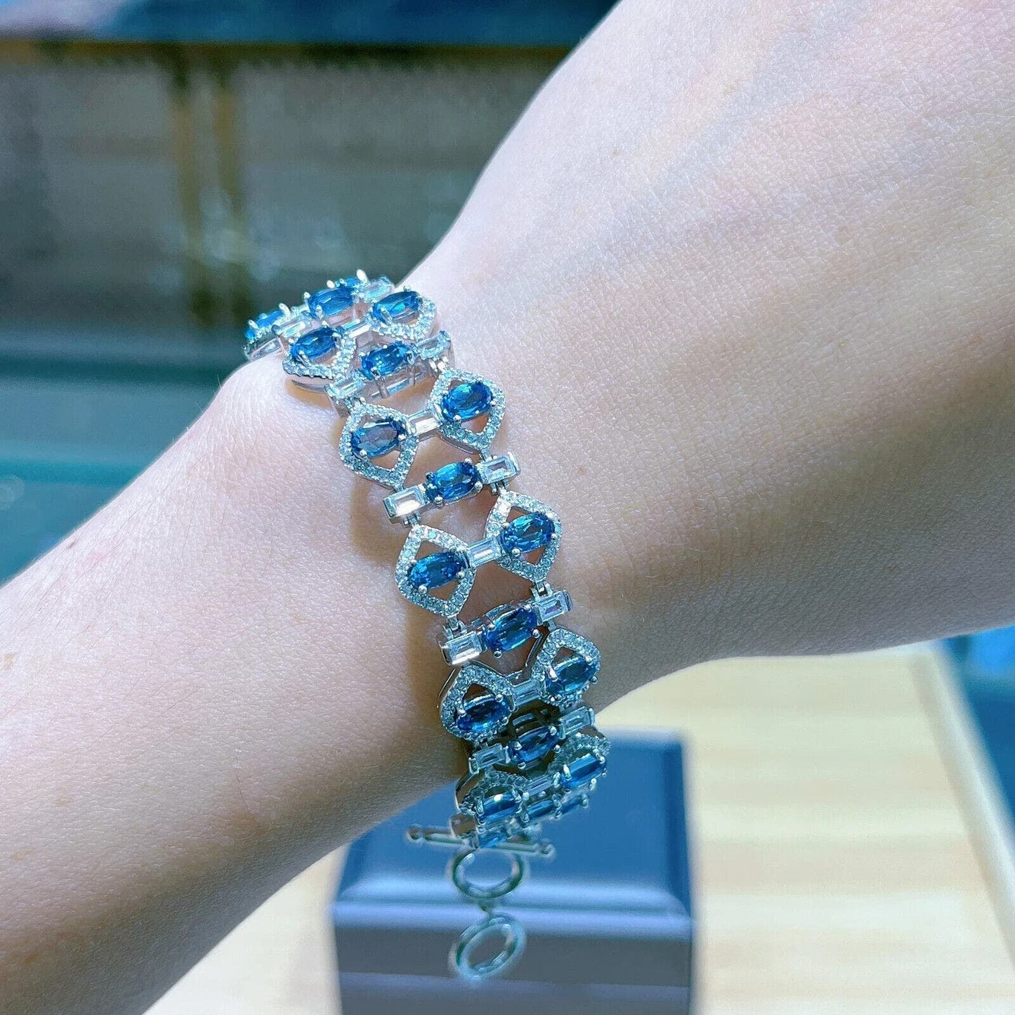 London Blue Topaz 3 Layer Wide Statement Bracelet 3x5mm