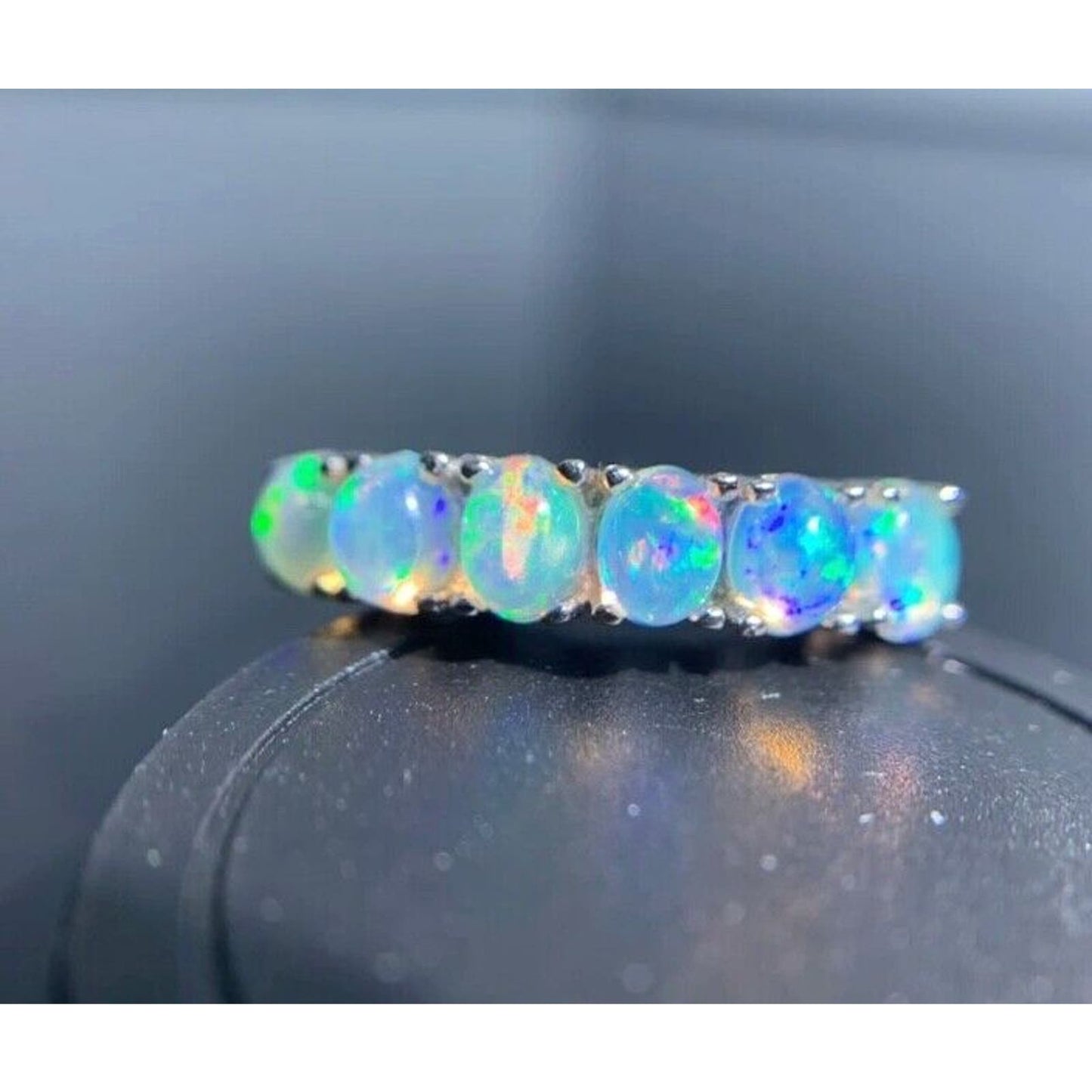 Australian Opal Band Ring 3x4mm Sterling Silver