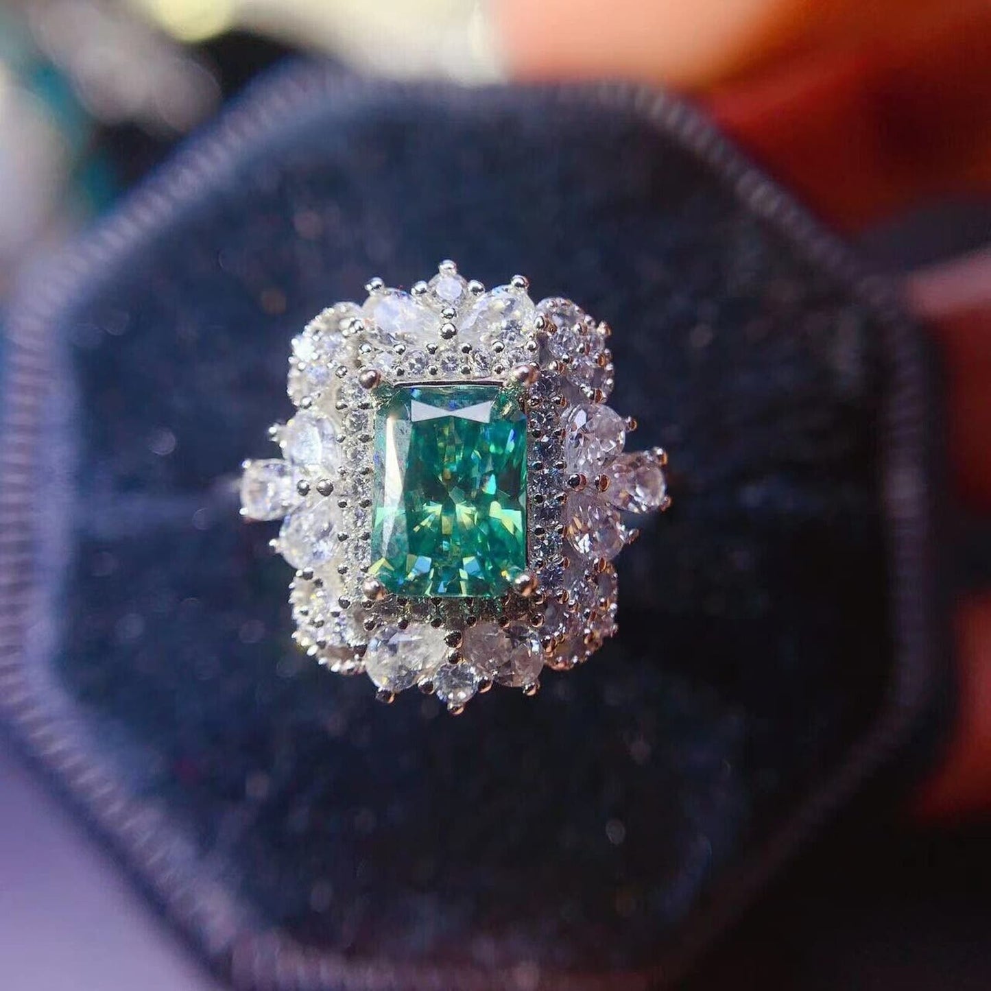5x7mm Green Radiant Cut Moissanite Ring, Women's Green Moissanite Cocktail Ring