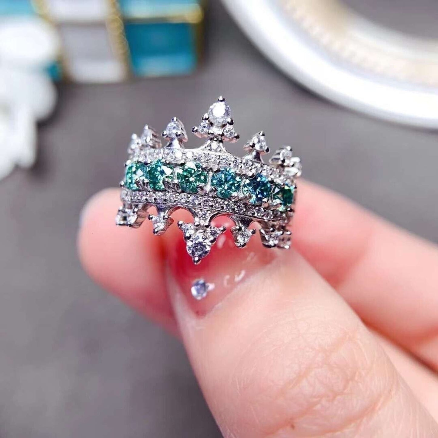 Princess Statement Ring Green Moissanite Crown Ring 3mm