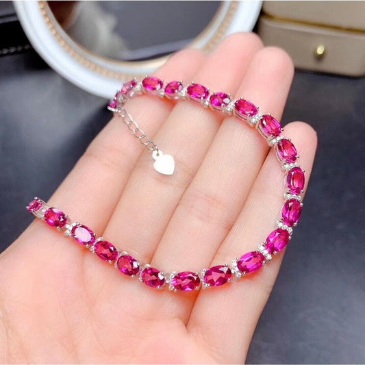 Natural Oval Cut Pink Topaz Tennis Bracelet on Platinum Plated Sterling Silver