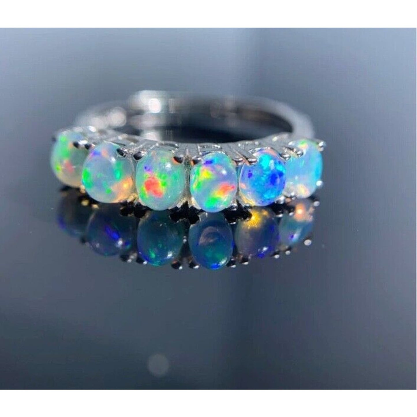 Australian Opal Band Ring 3x4mm Sterling Silver