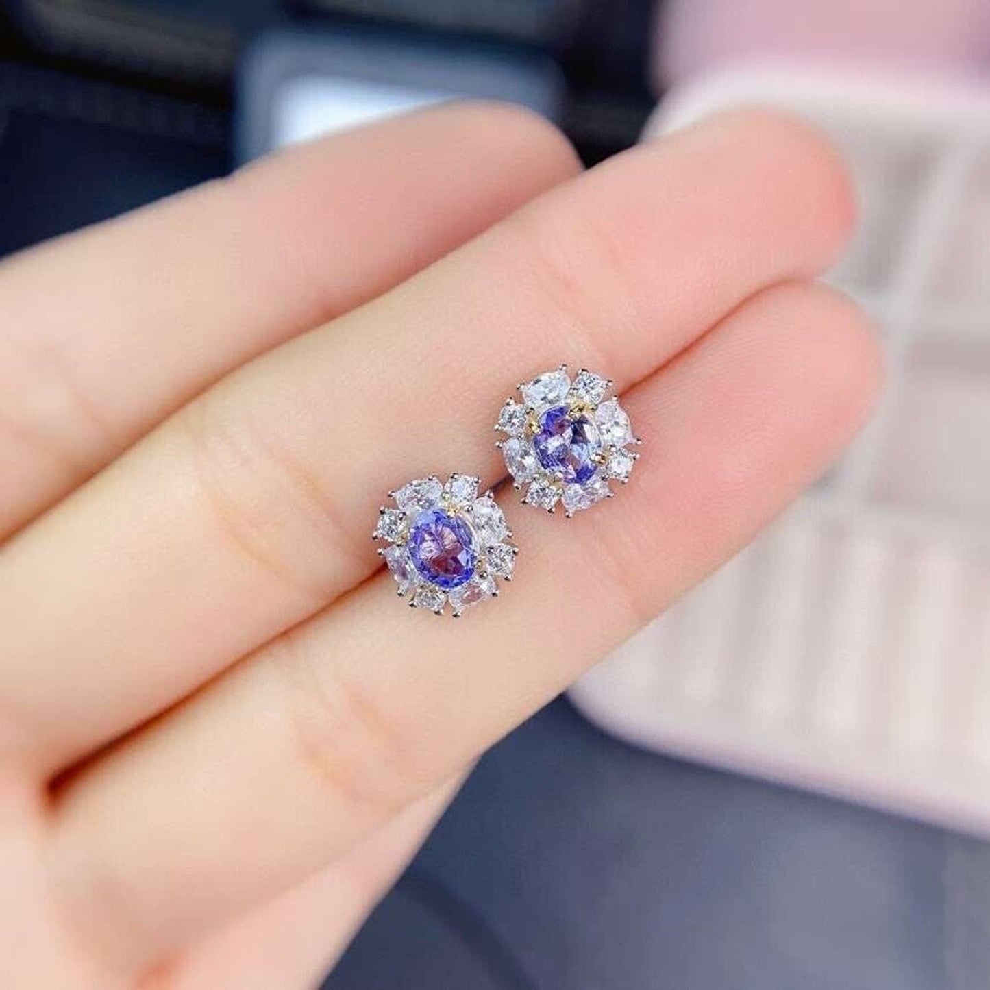 Dainty Purple Tanzanite Flower Stud Earrings 4x5mm