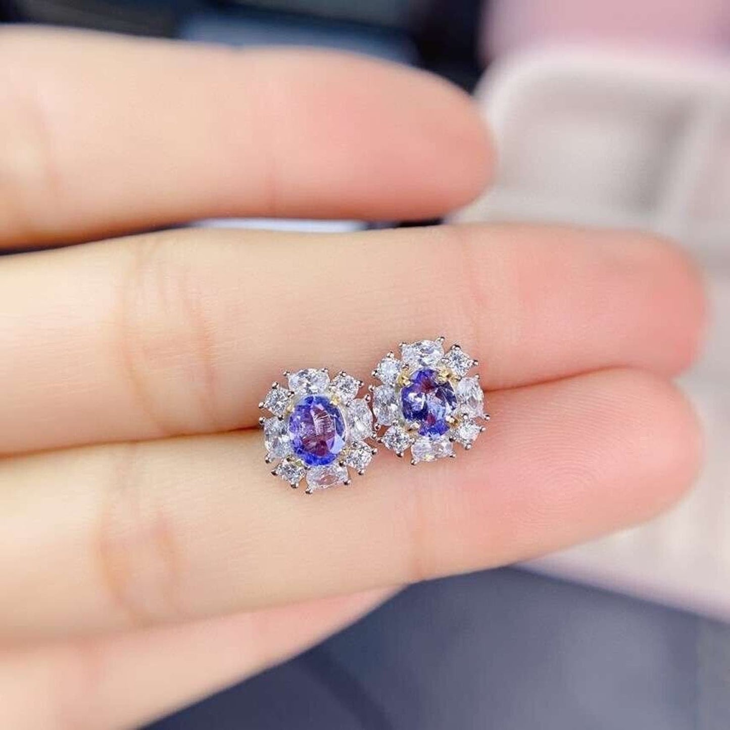 Dainty Purple Tanzanite Flower Stud Earrings 4x5mm