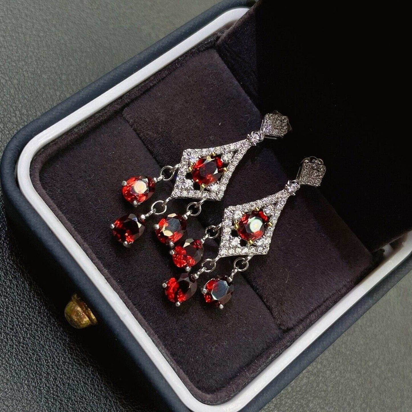 Natural Red Garnet Dangle Earrings 4x5mm Platinum Plated