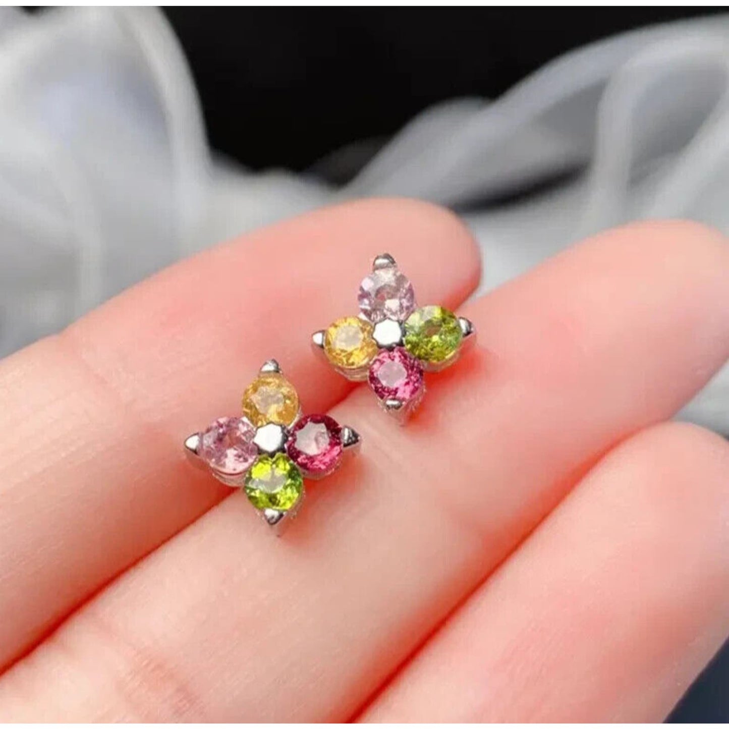 Multicolor Dainty Tourmaline Flower Stud Earrings