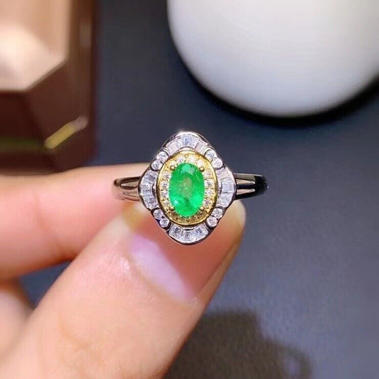 Emerald Cocktail Ring 4x6mm Two Tone Sterling Silver