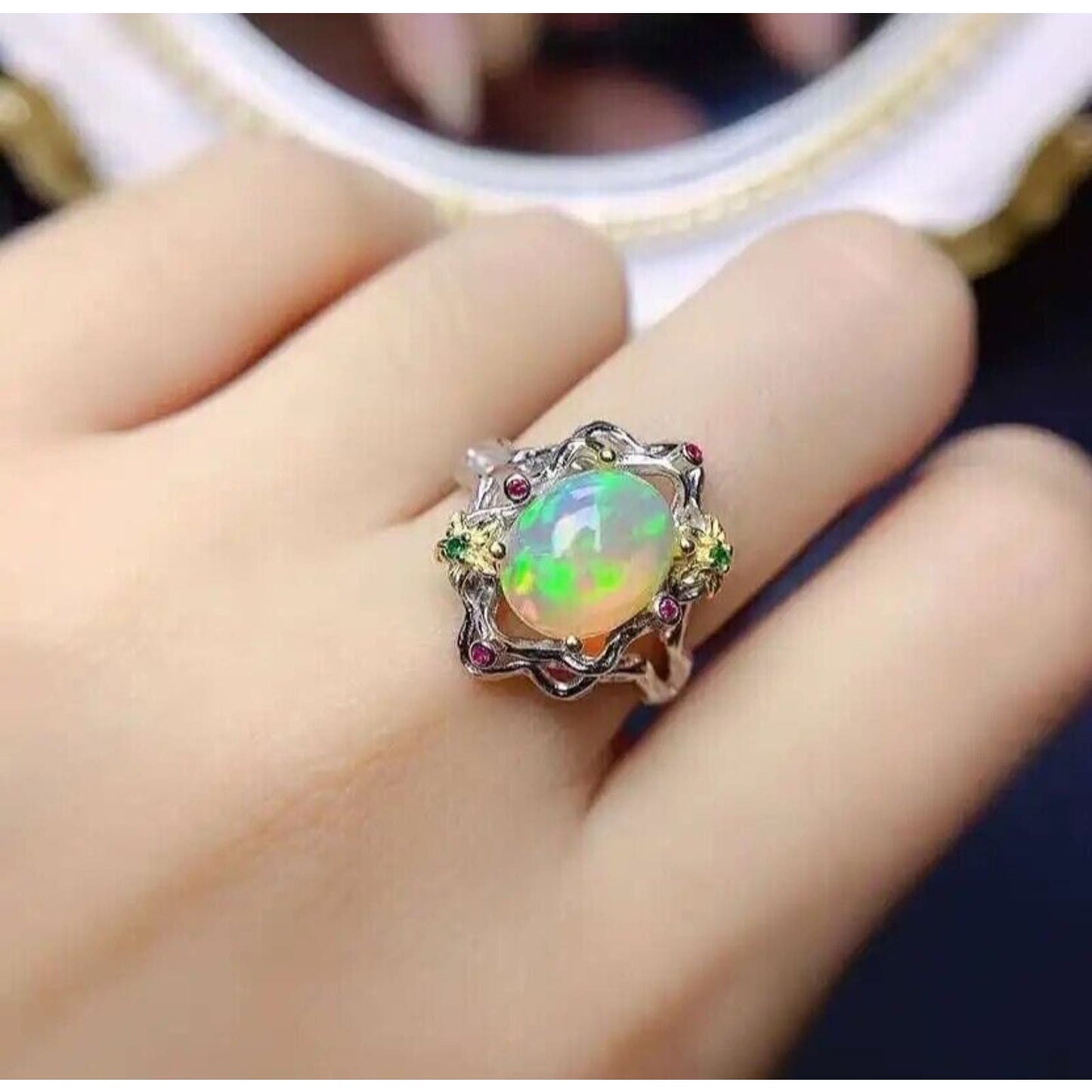 White Fire Opal Gemstone Ring 8x10mm Sterling Silver
