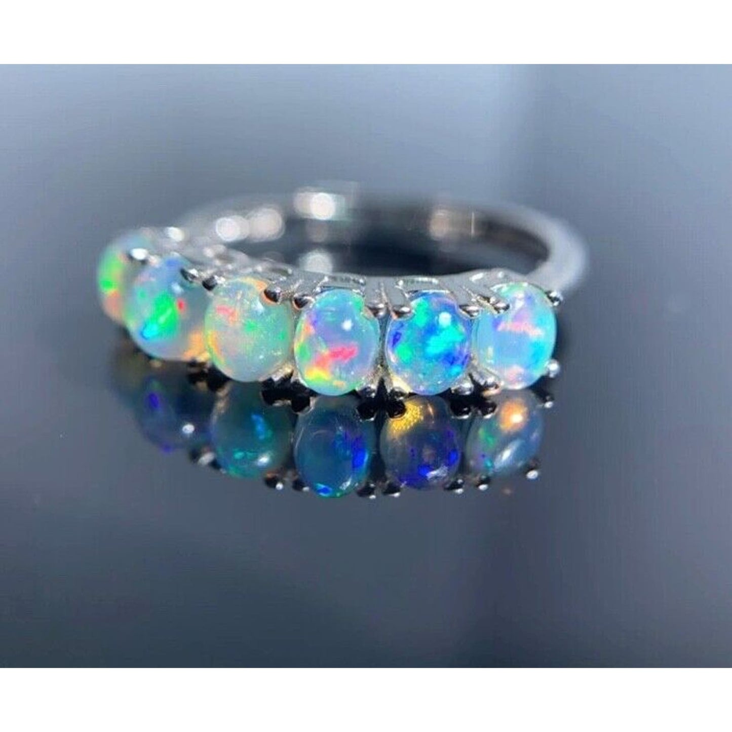 Australian Opal Band Ring 3x4mm Sterling Silver