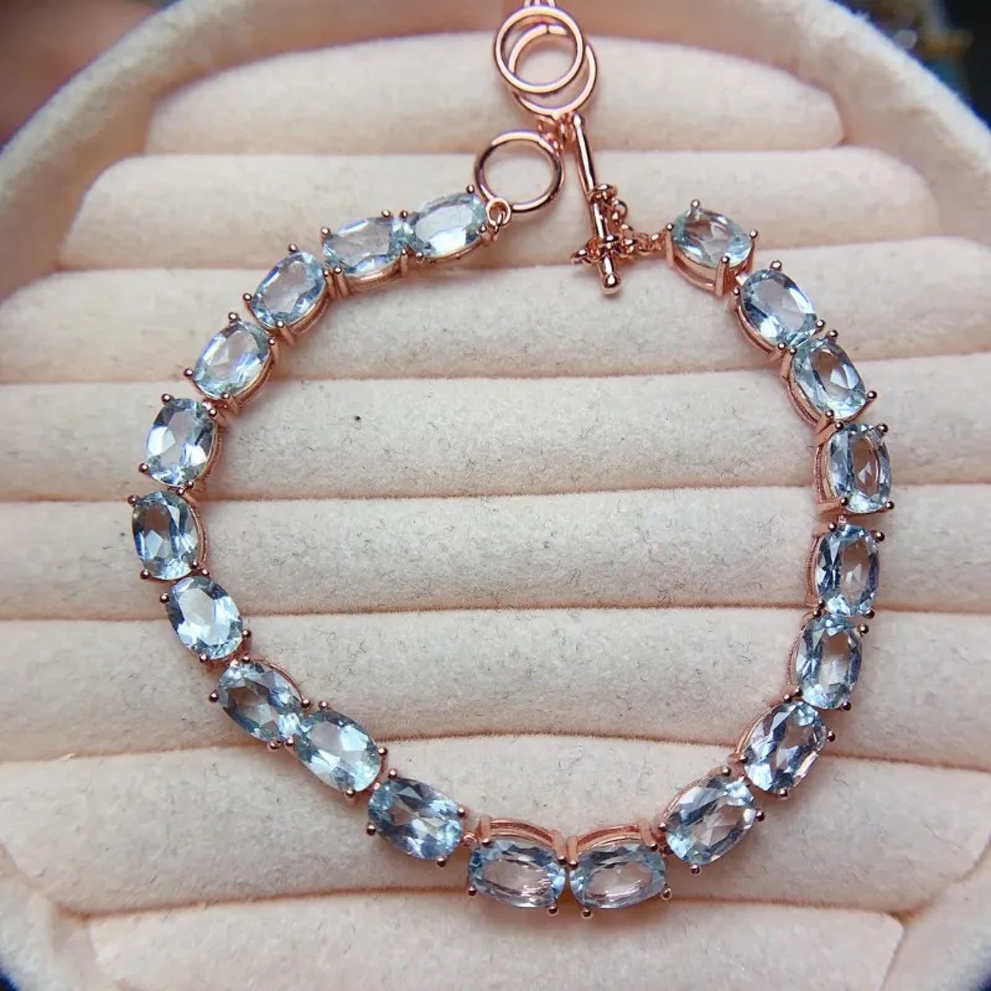 Natural Aquamarine Gemstone Tennis Bracelet 4x6mm Platinum Plated