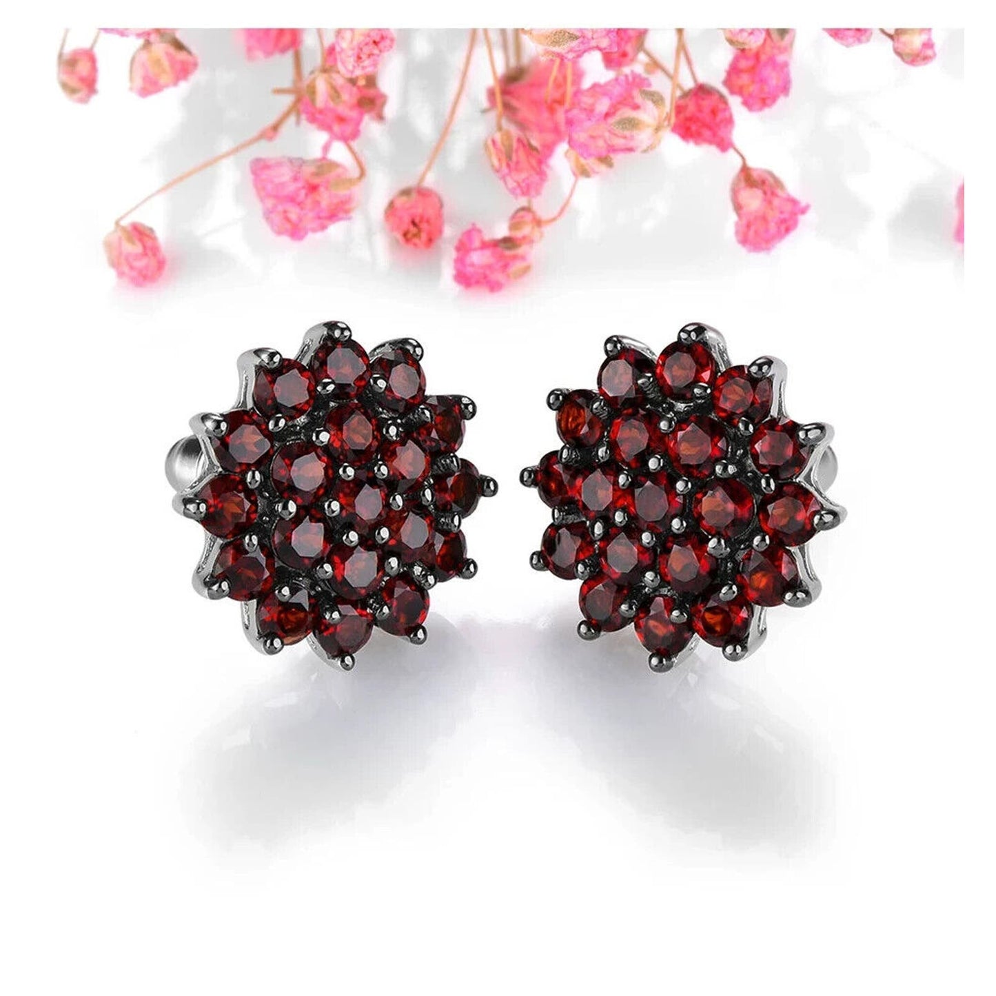 Red Garnet Flower Cluster Stud Earrings 2.5mm Sterling Silver