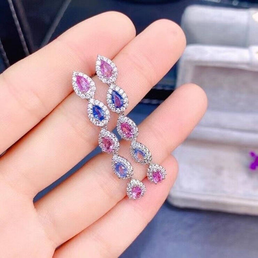 Natural Pink and Purple Sapphire Earrings, Sapphire Dangle Earrings