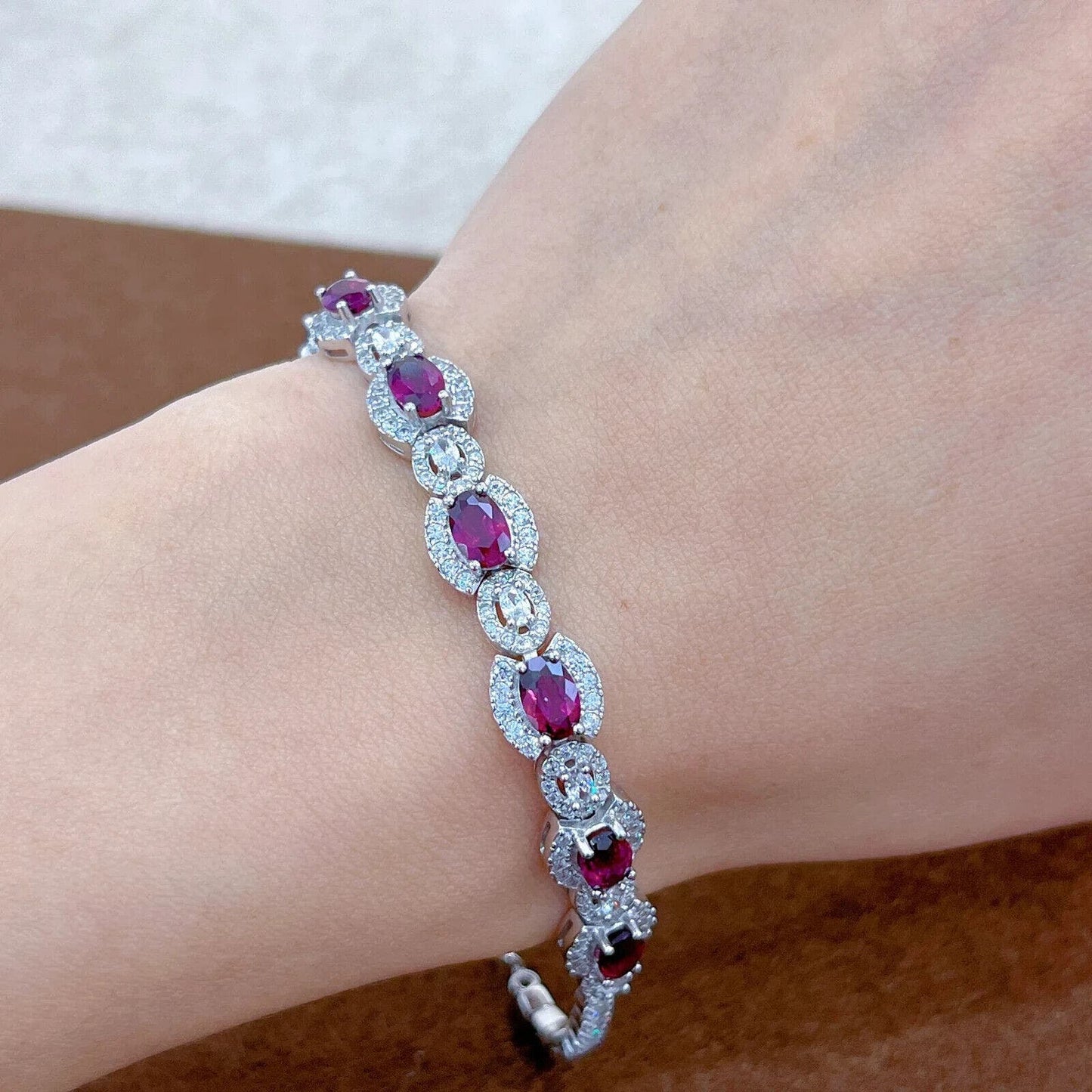 Red Garnet and Cubic Zirconia Tennis Bracelet 4x6mm Platinum