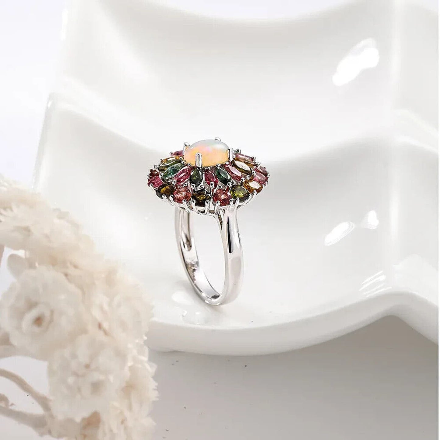 Tourmaline and Opal Cluster Statement Ring 925 Sterling Silver