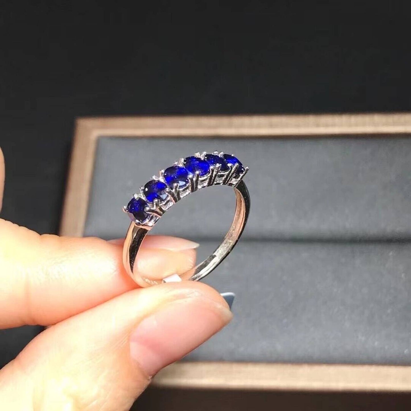 Natural Blue Sapphire Band Ring, Silver Sapphire Ring, Blue Sapphire Wedding Rings