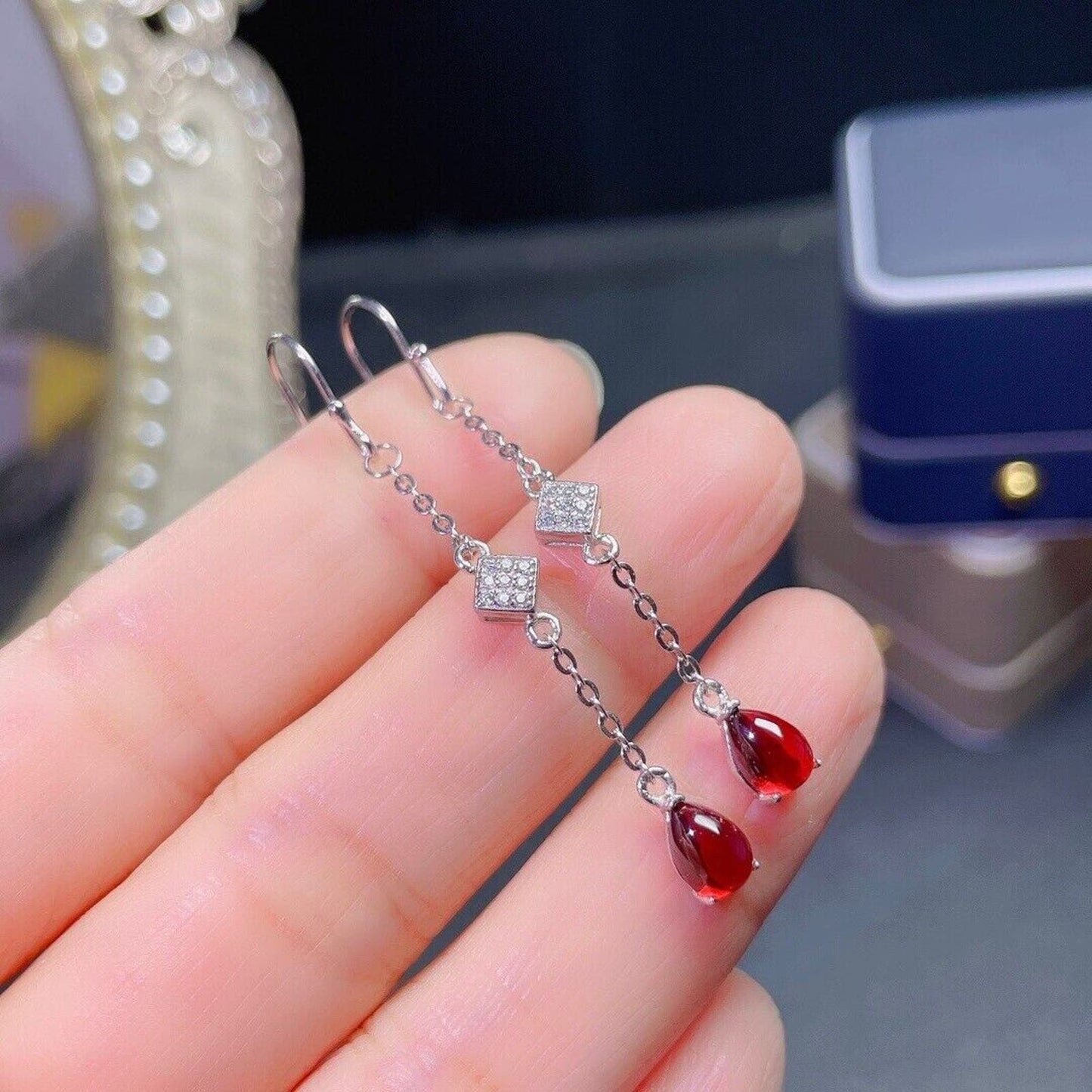 Natural Red Garnet Dangle Earrings, Rounded Teardrop Garnet Dangle Earrings