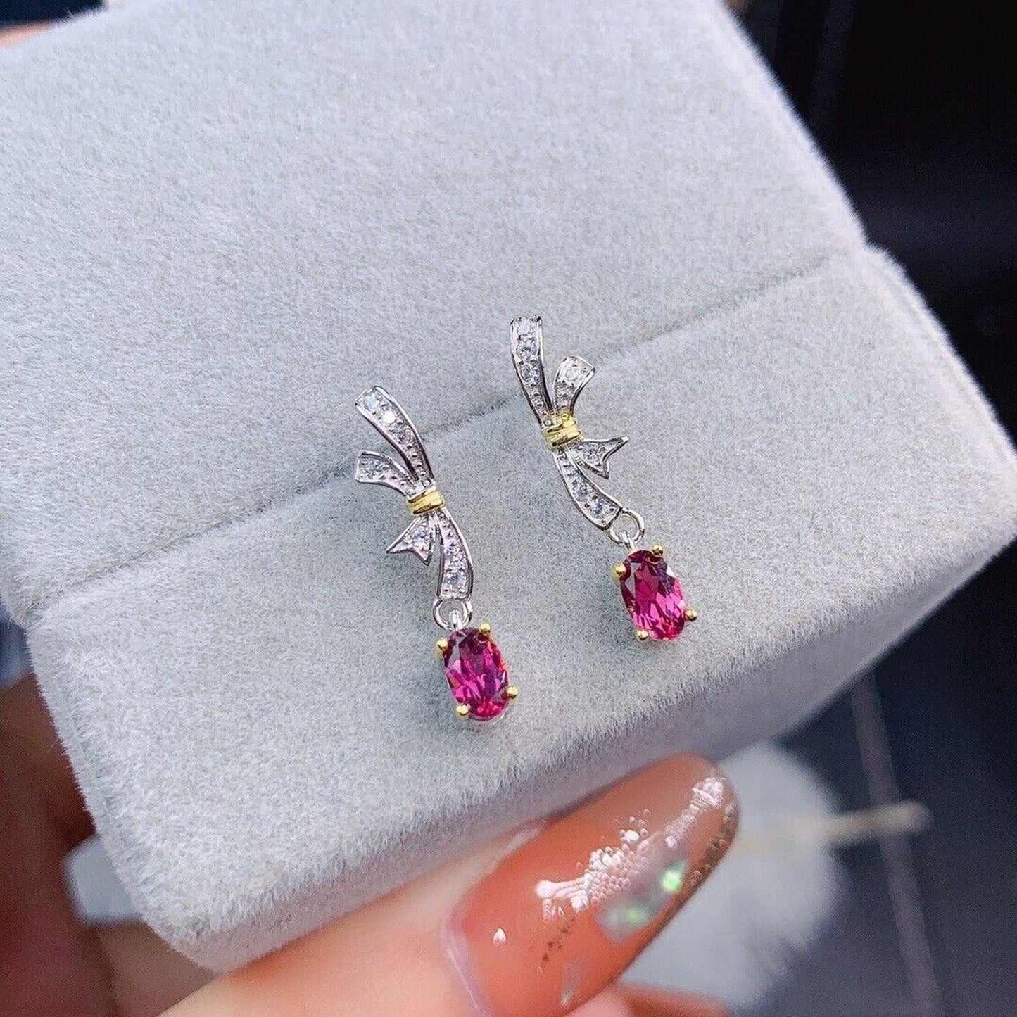 Pink Garnet Dainty Bowtie Earrings Platinum Plated, Pink Garnet Dangle Earrings