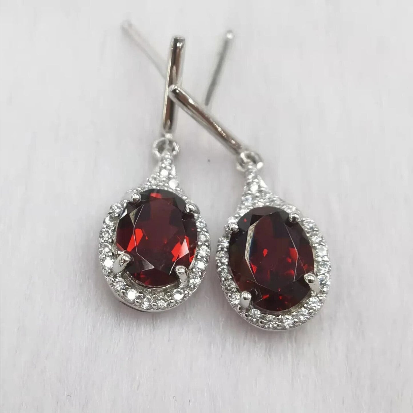 Dark Red Garnet Dangle Earrings 6x8mm Platinum Plated