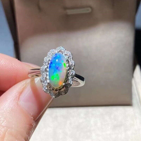 Australian Fire Opal Statement Ring 5x10mm Sterling Silver