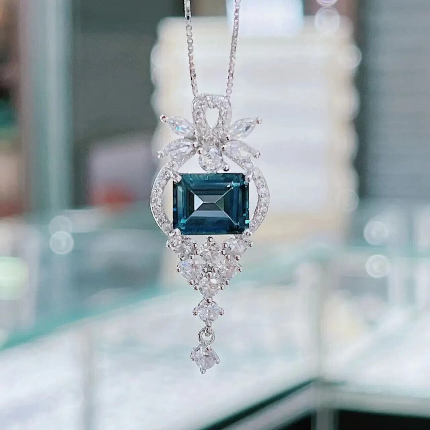 London Blue Topaz Emerald Cut Pendant Necklace 7x9mm