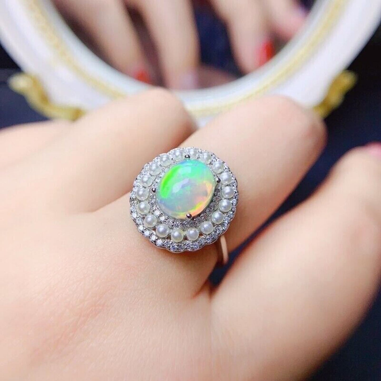 Australian Opal and Faux Pearl Statement Ring 8x10mm