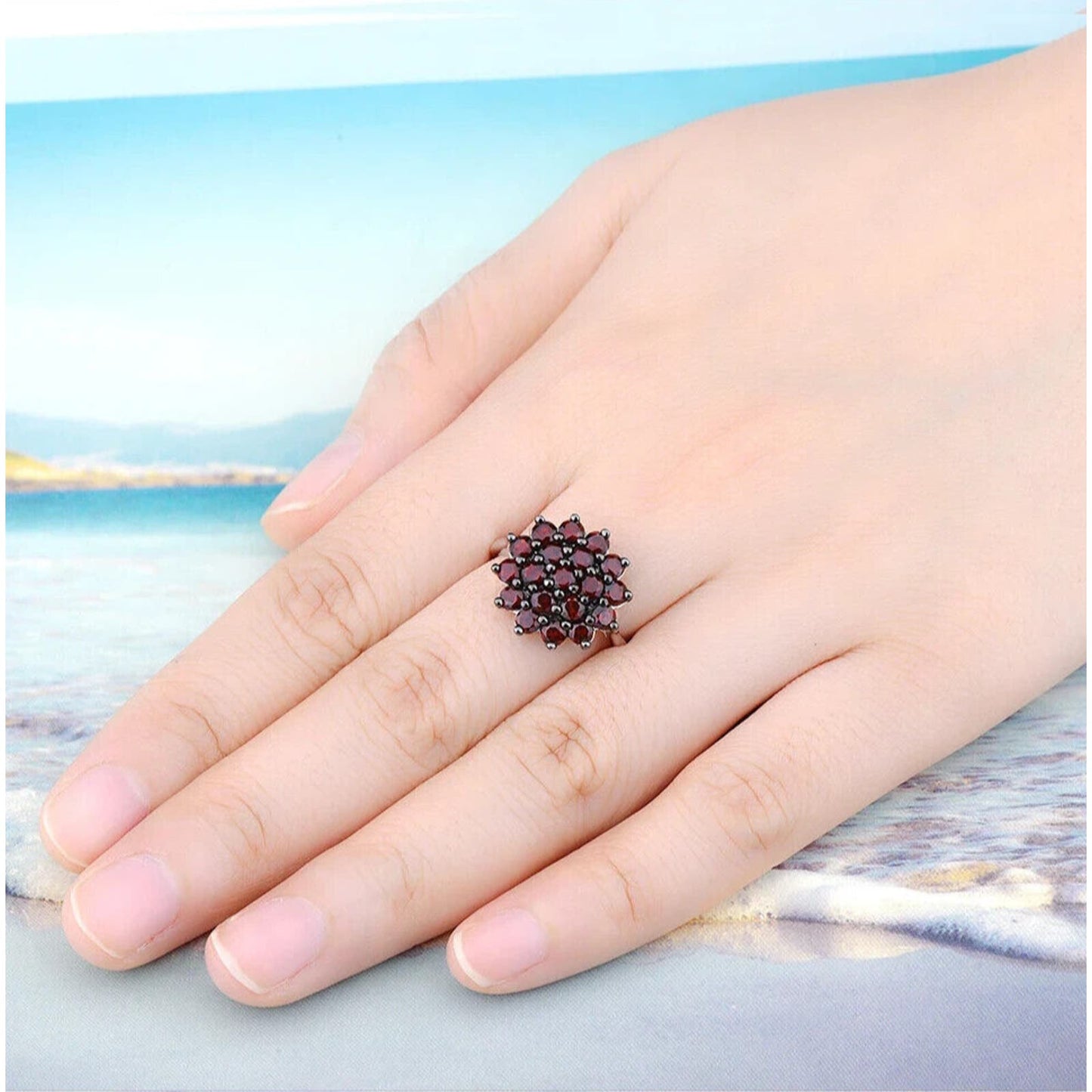 Dark Red Garnet Flower Cluster Ring, Large Garnet Statement Ring