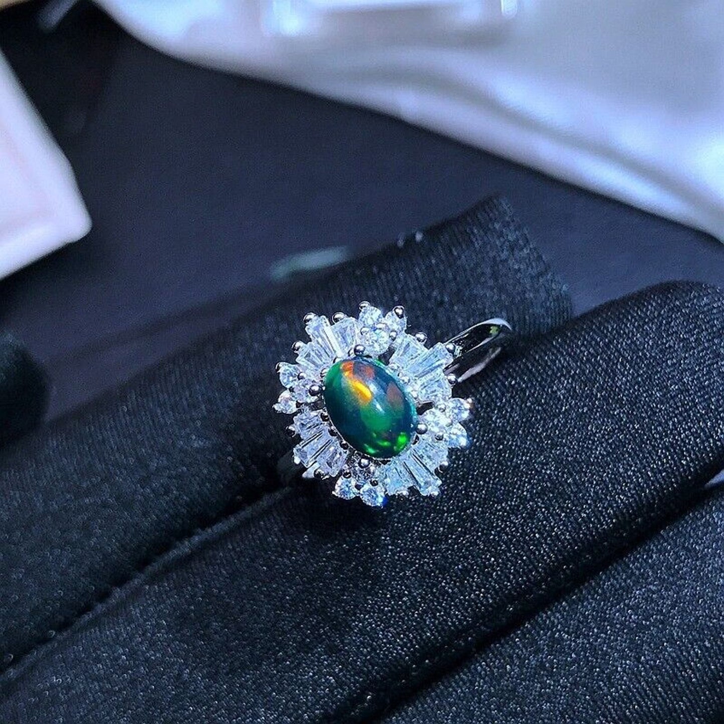 Black Opal Cluster Ring 5x7mm Sterling Silver