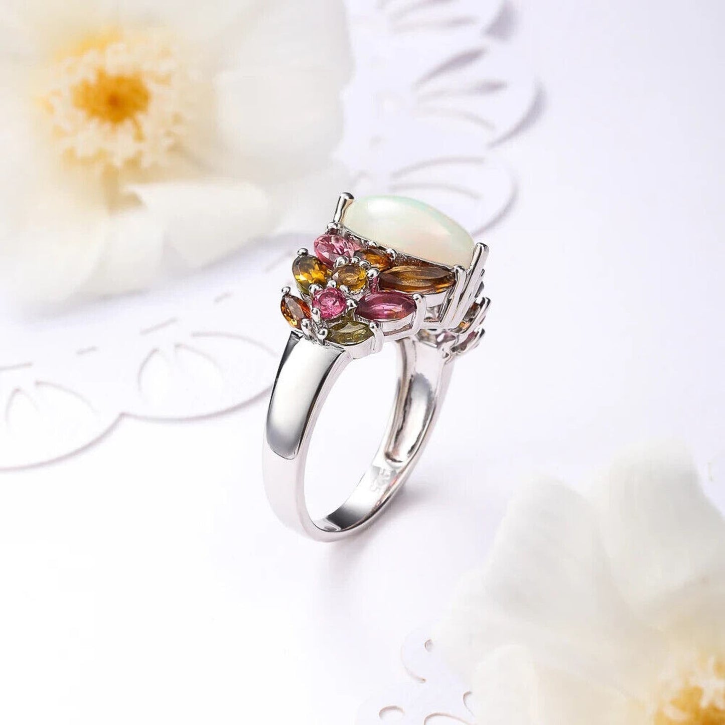 Marquise Cut Opal and Multicolor Tourmaline Gemstone Ring