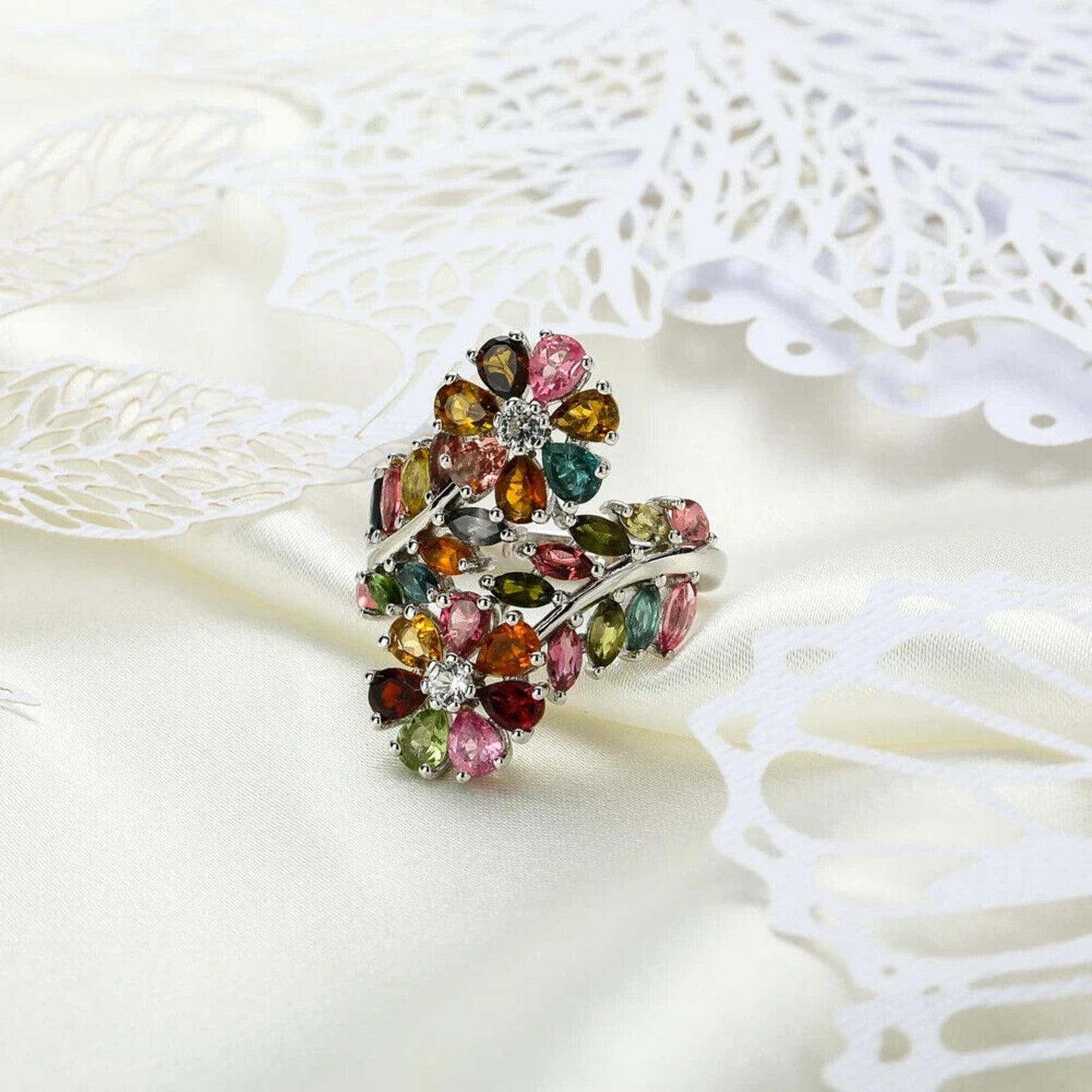 Tourmaline Gemstone Flower Ring 925 Sterling Silver