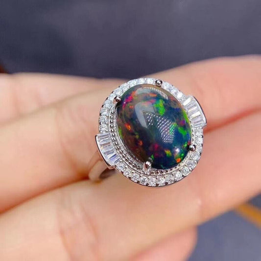 Black Opal Statement Ring 10x12mm Sterling Silver