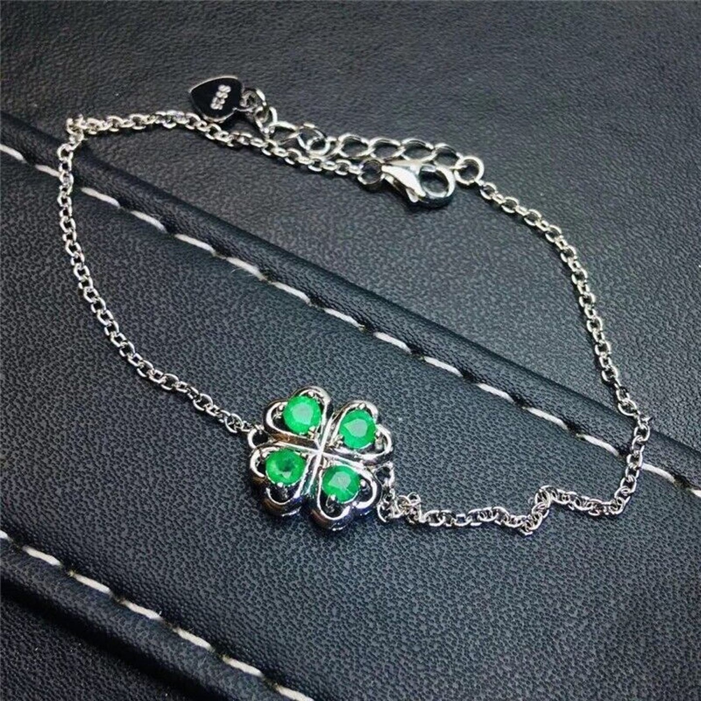 Natural Emerald 4 Leaf Clover Chain Bracelet 3mm